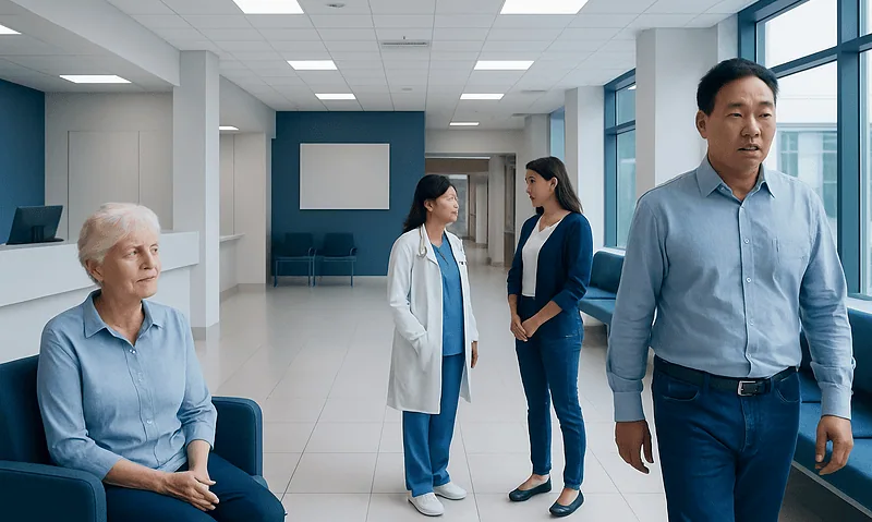 Medical consultation in a modern hospital with doctors and a patient.