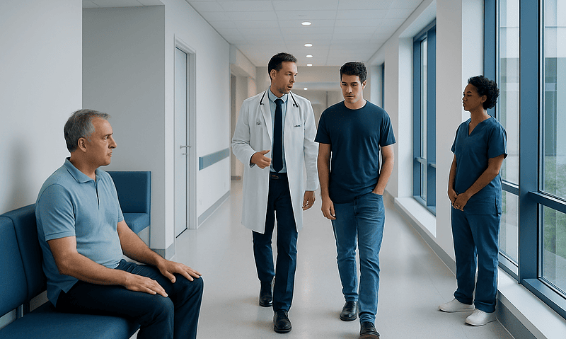 Doctor consulting young male patient in hospital corridor.