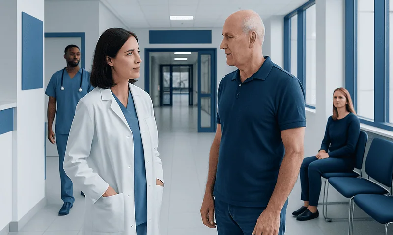 Doctor talking to a patient in a hospital corridor with staff in the background.