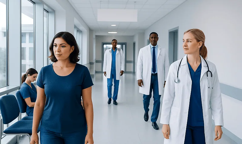 Medical team walking in hospital corridor, healthcare professionals in blue scrubs and white coats.