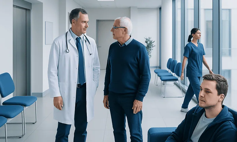 Doctor consulting with an elderly patient in a hospital corridor.