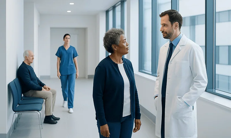 Doctor talking to an elderly patient in a hospital corridor with other patients nearby.