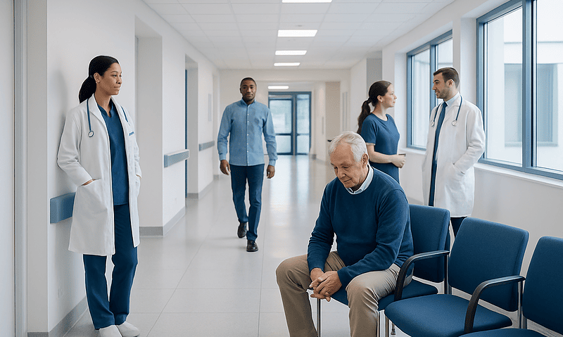 Senior man waiting in hospital corridor with medical staff nearby.