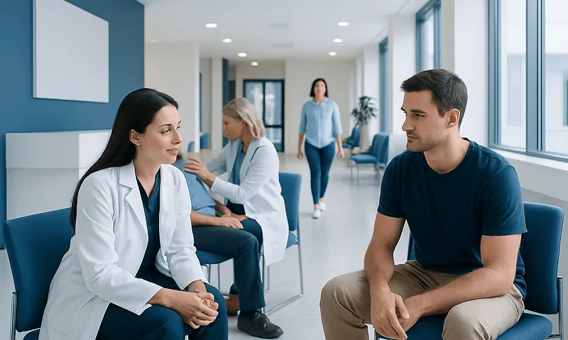 Doctor consulting with patient in a modern hospital waiting area.