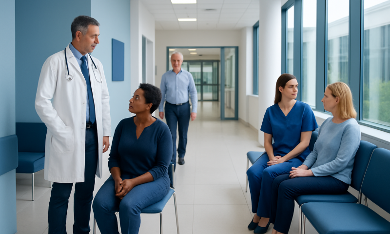 Doctor consulting with patients in a hospital corridor.