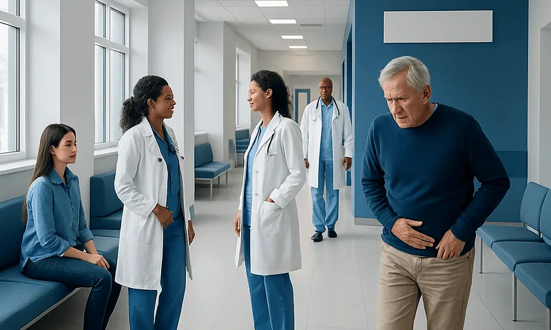 Patient experiencing abdominal pain in hospital corridor with medical staff nearby.