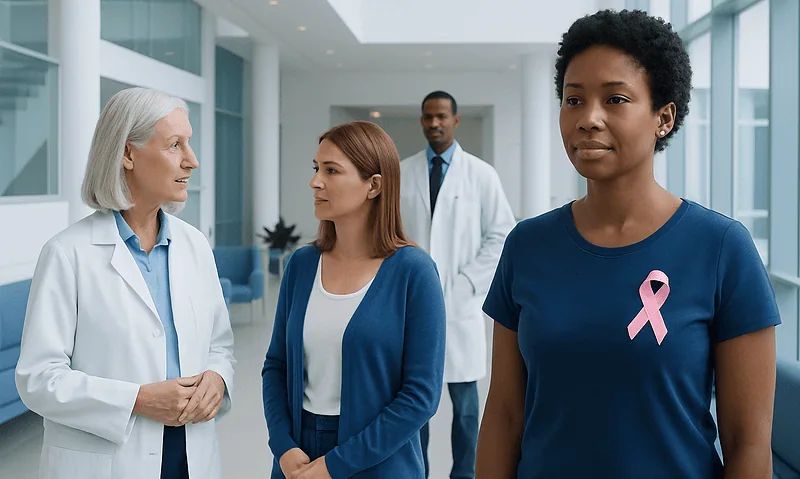 Women wearing pink ribbons at breast cancer awareness event in hospital.