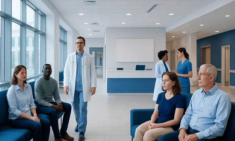 Medical consultation in a modern hospital waiting area with diverse patients and staff.