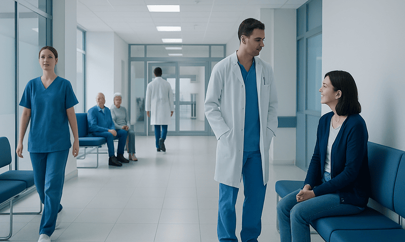 Medical team consulting patient in hospital corridor at Acibadem Hospitals.