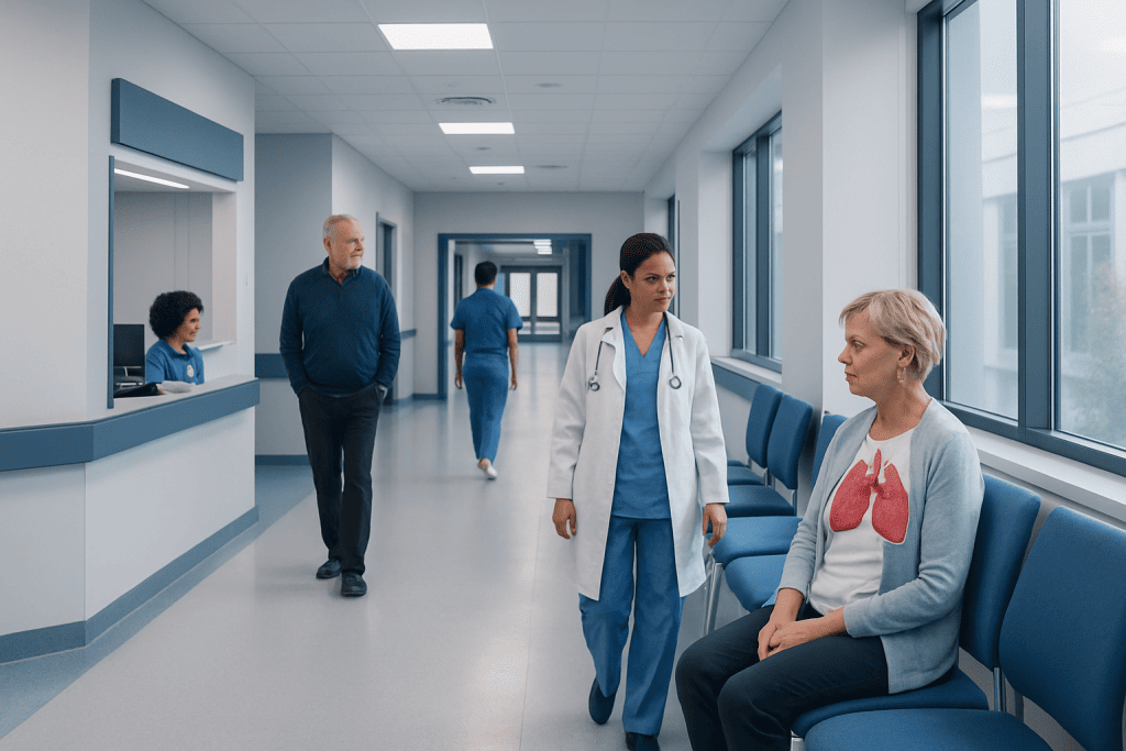 Lung Cancer Symptoms: Signs That Need Medical Attention 1 Doctor consulting a patient with lung health illustration in hospital corridor.