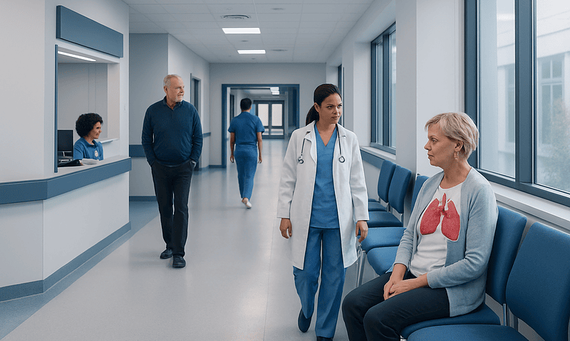 Doctor consulting a patient with lung health illustration in hospital corridor.