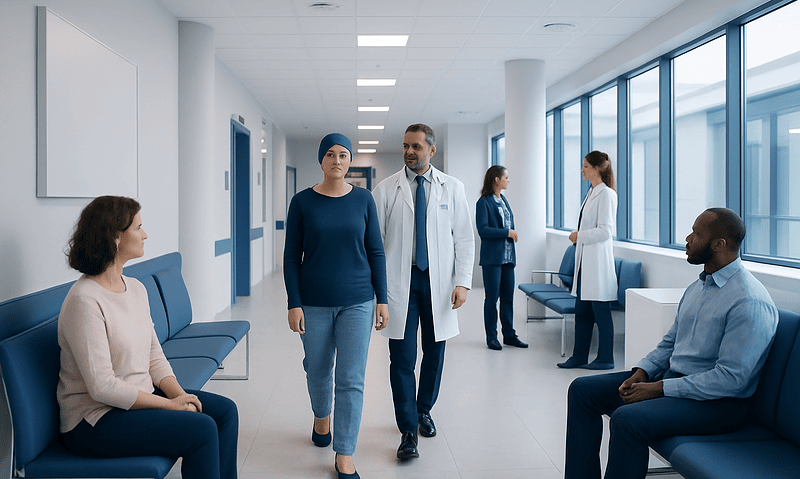 Hospital corridor with medical staff and patients engaging in consultation.
