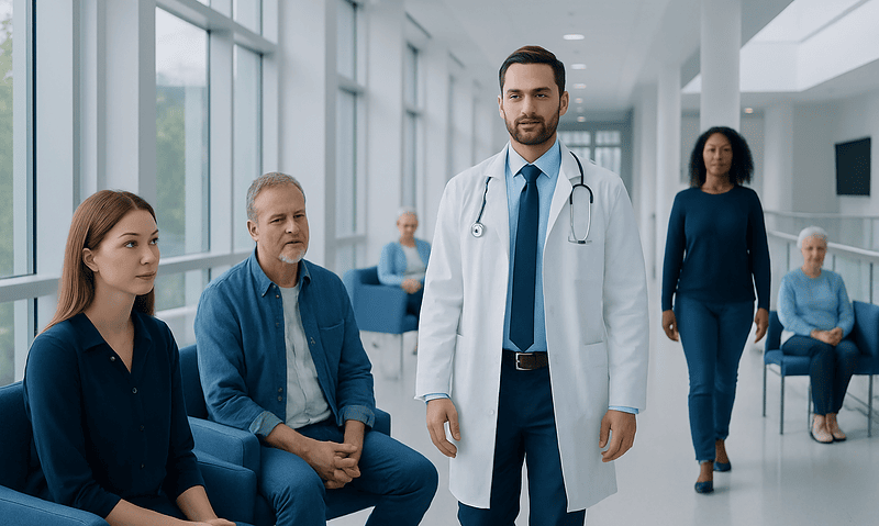 Doctor consulting with elderly patients in a modern hospital waiting area.