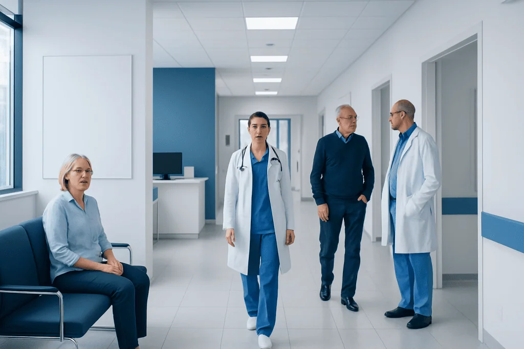 Small Cell Lung Carcinoma: Symptoms and Treatment 1 Medical team discussing patient care in hospital corridor.