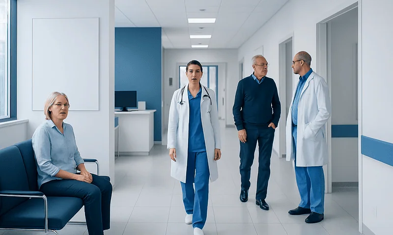 Medical team discussing patient care in hospital corridor.