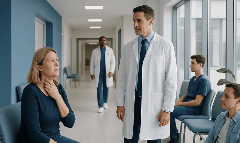 Doctor consulting with female patient in hospital corridor.