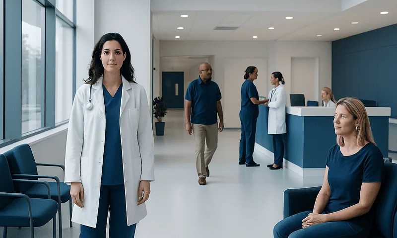Healthcare professionals and patients in a modern hospital waiting area.