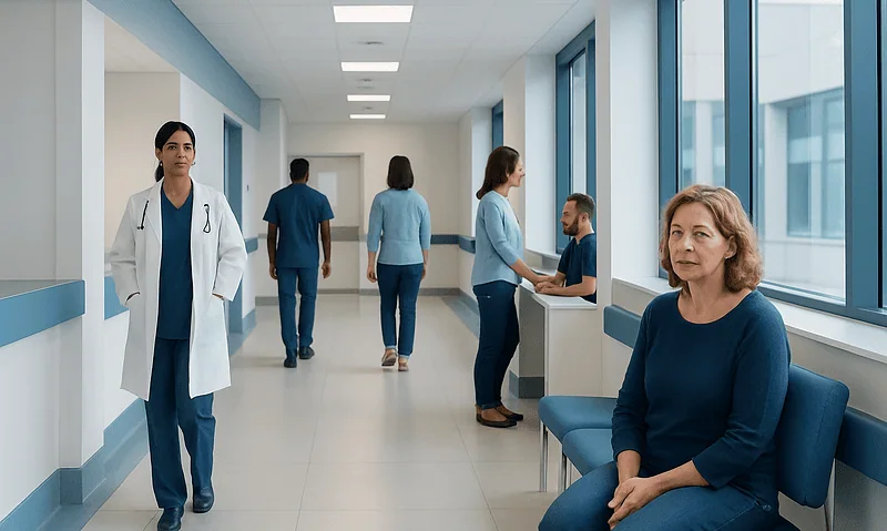 Hospital corridor with medical staff and a patient waiting area.