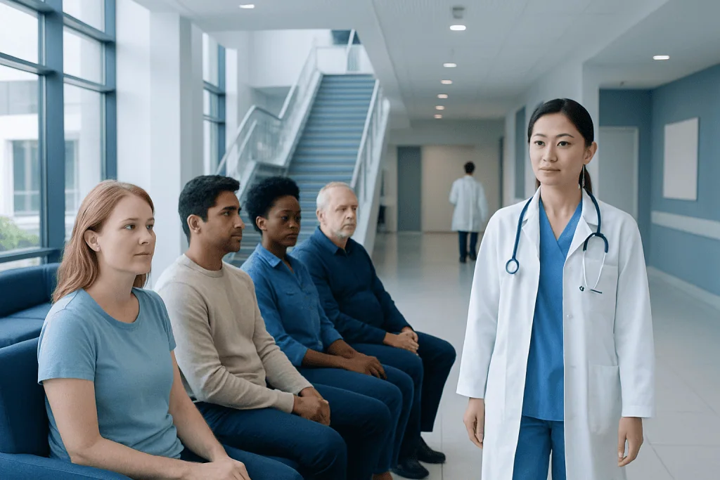 Skin Types and Skin Cancer Risk: What to Know 1 Doctor consulting patients in a hospital waiting area.
