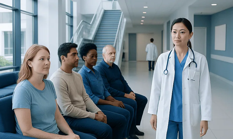 Doctor consulting patients in a hospital waiting area.