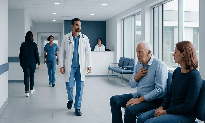 Doctor walking in hospital corridor with patients waiting.