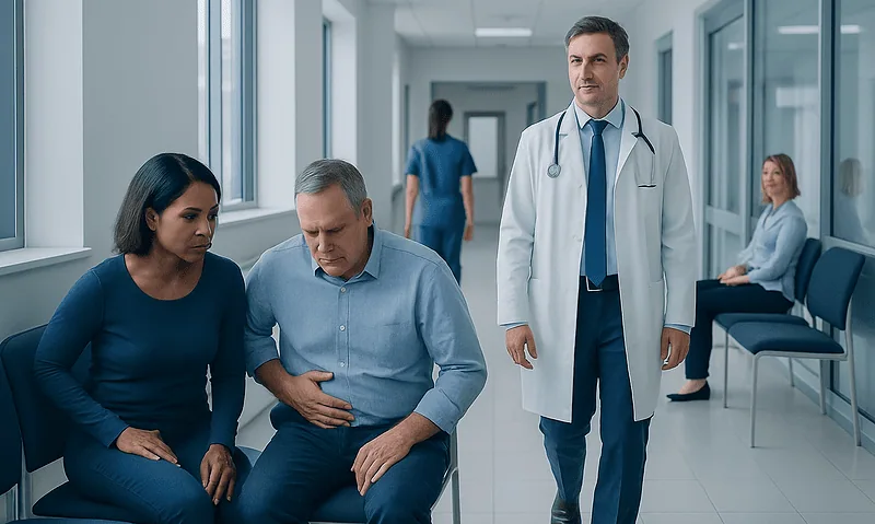 Doctor consulting with patient experiencing abdominal pain in hospital corridor.