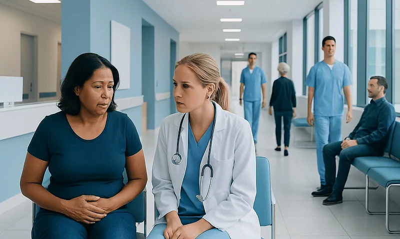 Doctor consulting a patient in a hospital corridor with staff in the background.