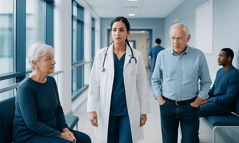 Medical consultation with elderly patient in hospital corridor.
