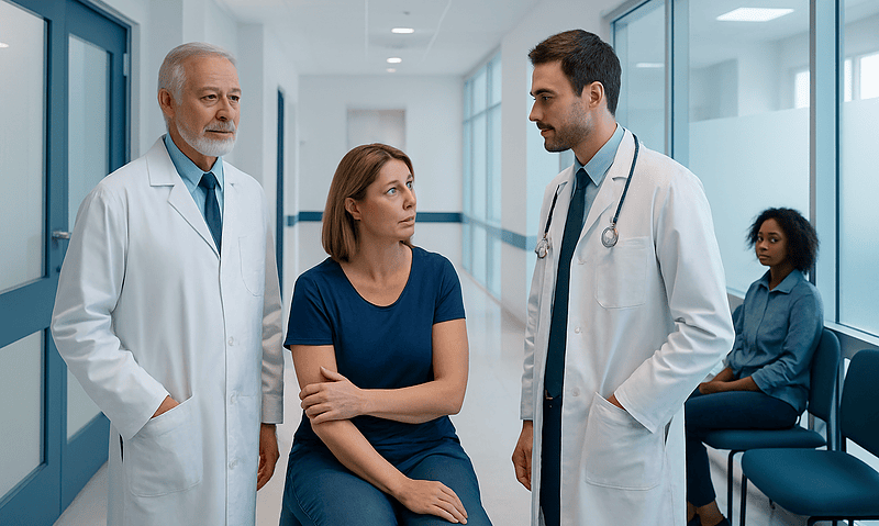 Medical consultation in a hospital corridor with doctors and patient.
