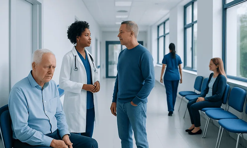 Doctor consulting male patient in hospital corridor with waiting area.
