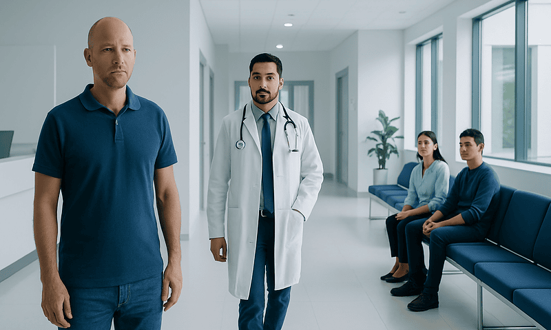 Patient waiting in hospital corridor with doctor and visitors.