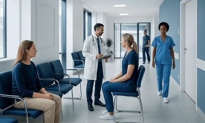Medical consultation in a modern hospital corridor with healthcare professionals and patients.