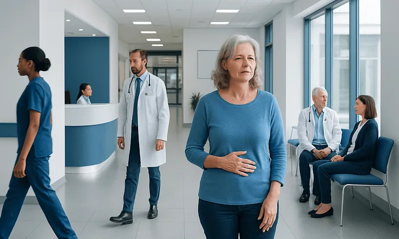 Elderly woman in hospital corridor with medical staff and patients.