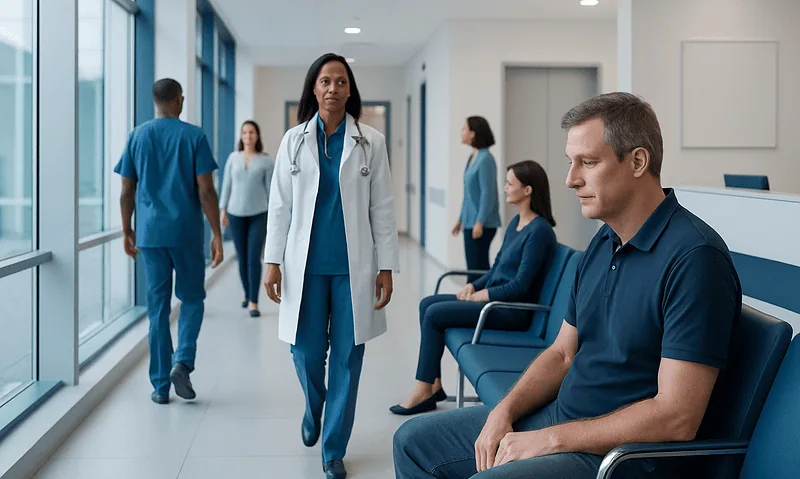 Medical staff and patients in a hospital corridor.