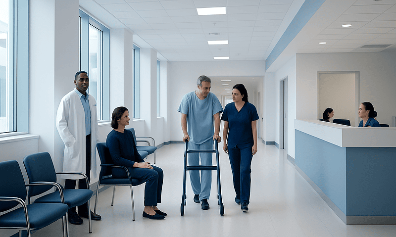 Medical team assisting a patient in a hospital corridor.