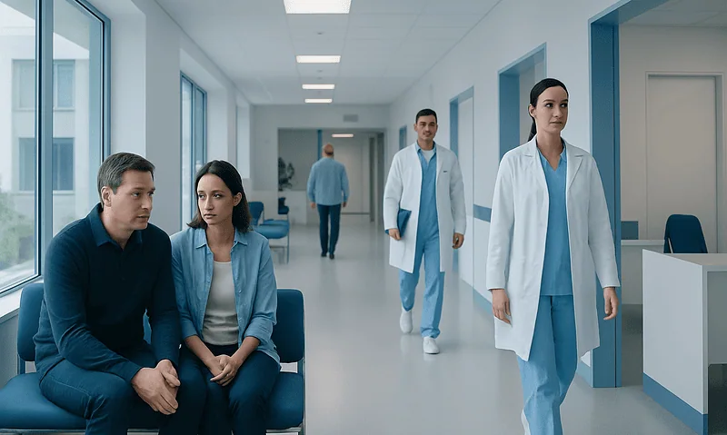Patients waiting in a hospital corridor with medical staff nearby.