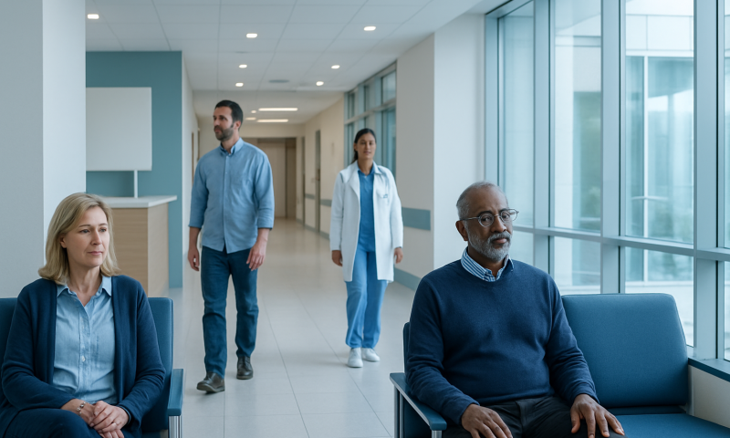 Patients waiting in a modern hospital corridor with medical staff nearby.