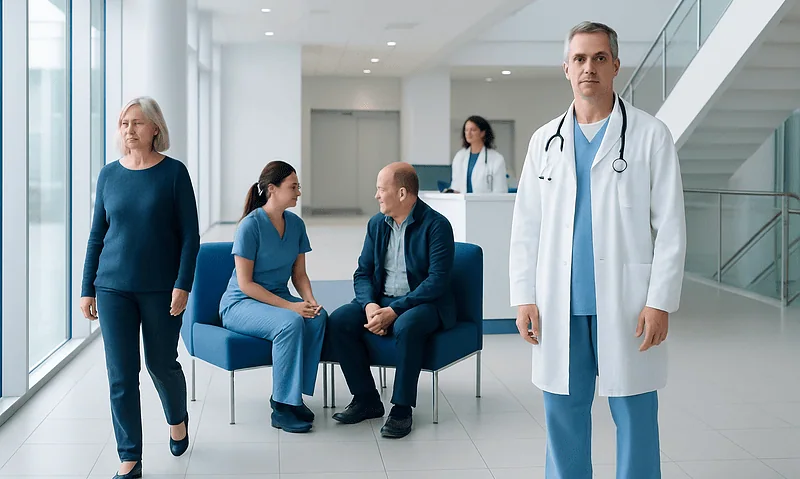 Medical team and patient in a modern hospital waiting area.