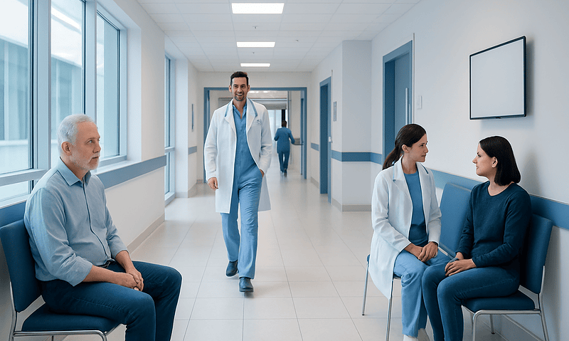 Medical staff and patients in a hospital corridor.