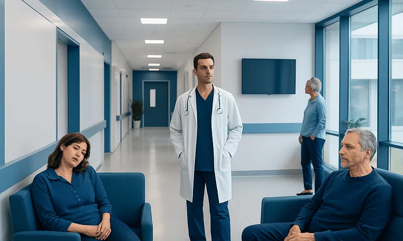 Doctor consulting patients in a hospital corridor with waiting area.