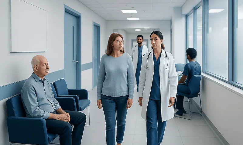 Medical consultation in hospital corridor with doctor and patients.