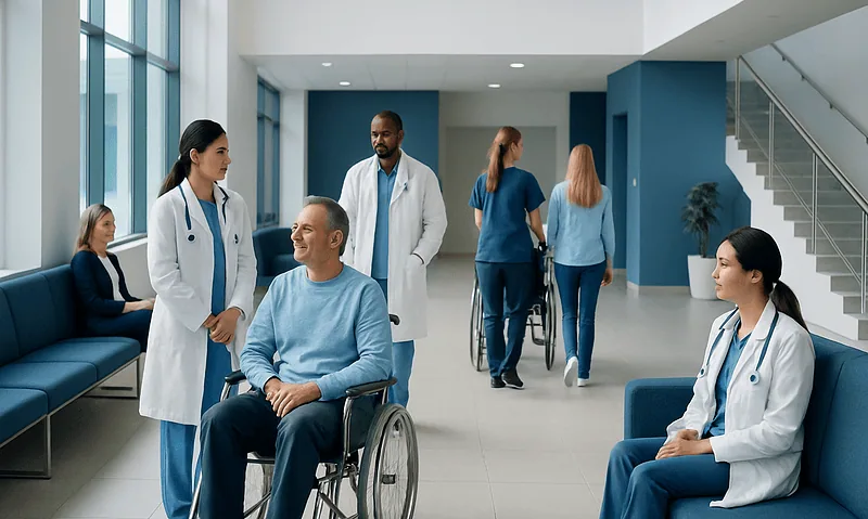 Medical team consulting with a patient in a hospital lobby.