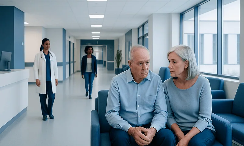 Elderly couple consulting with doctor in hospital corridor.