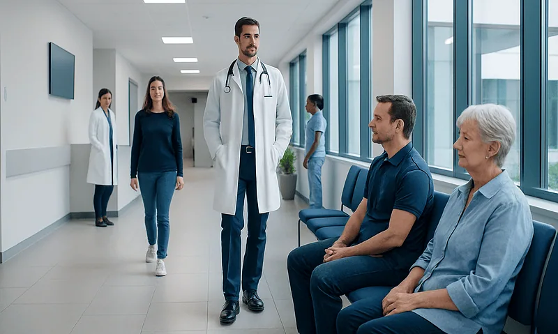 Doctor consulting with elderly patient in hospital corridor.