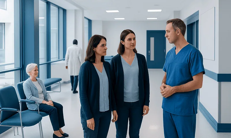 Medical team discussing patient care in hospital corridor.