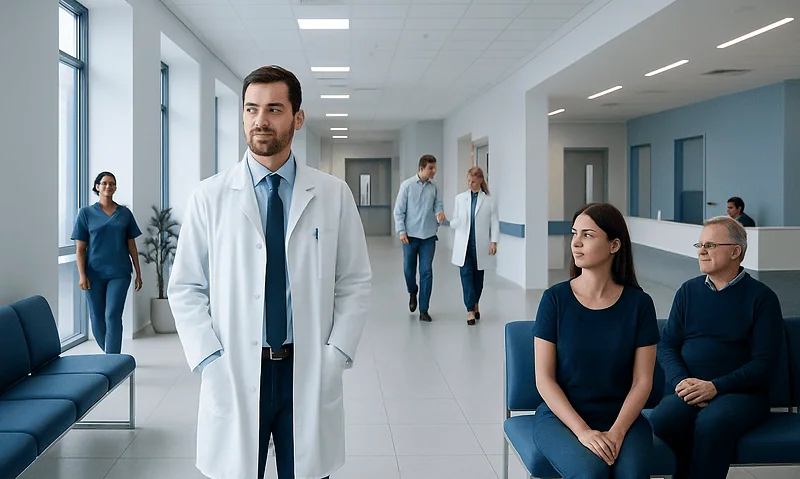 Medical team in hospital corridor with doctor and patients.