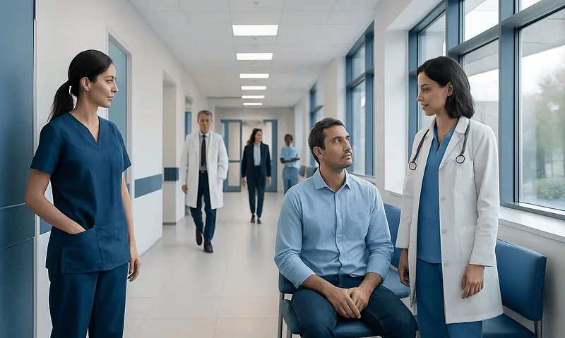 Medical consultation in hospital corridor with healthcare professionals and patient.