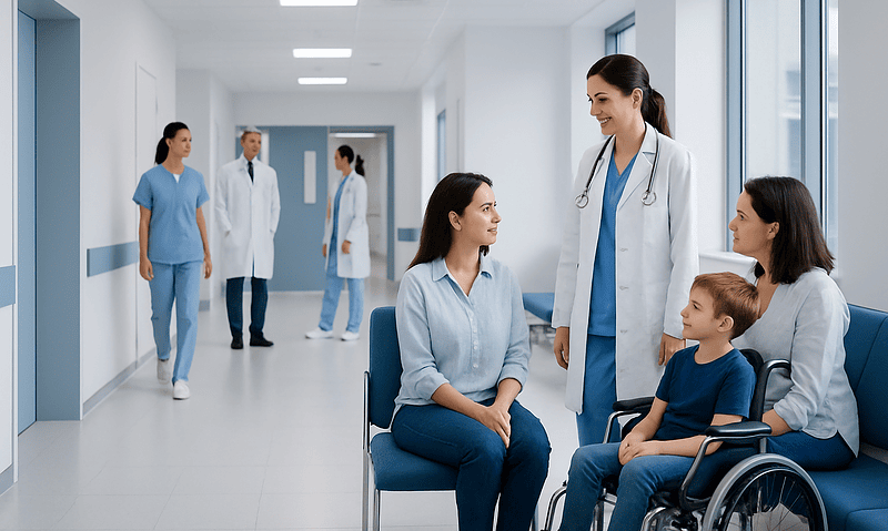 Hospital staff consulting with a young patient and her mother in a modern clinic corridor.