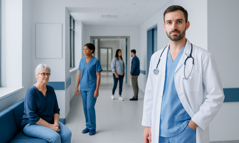 Medical team and patient in hospital corridor at Acibadem Hospitals Group.