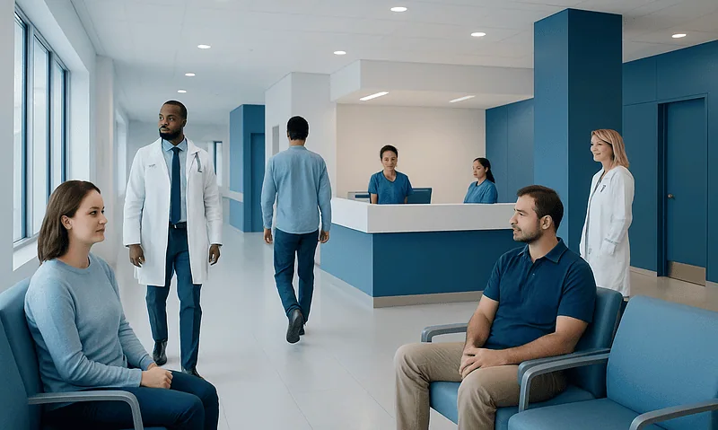 Patients waiting in a modern hospital reception area with medical staff present.